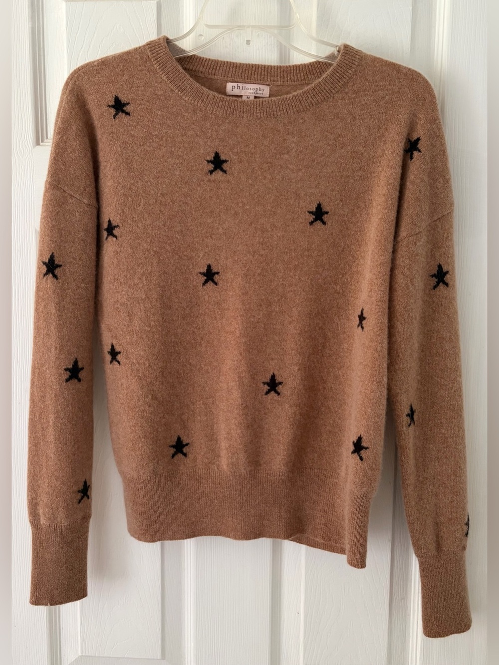 Philosophy Camel Brown Crewneck Cashmere Sweater with Black Star Motif